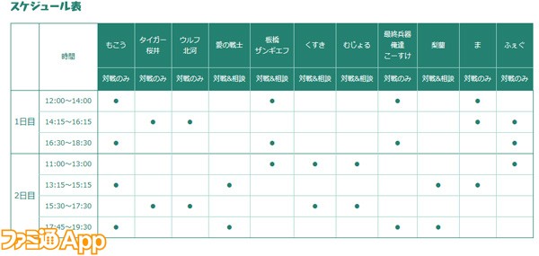 有名プレイヤースケジュール